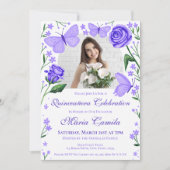 Rozen + Vlinders Lila Quinceanera Foto Kaart (Voorkant)