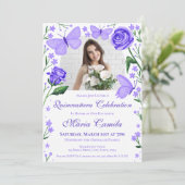 Rozen + Vlinders Lila Quinceanera Foto Kaart (Staand voorkant)
