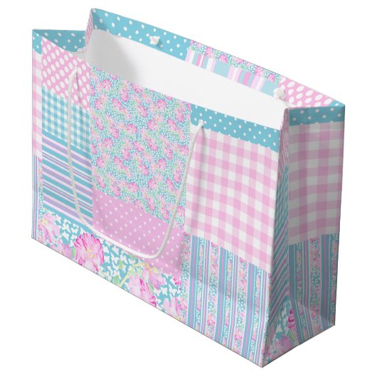 Rozen, Vlinders Nep Patchwork Grote Cadeaubag Large Cadeautasje (Voorkant Gekanteld)