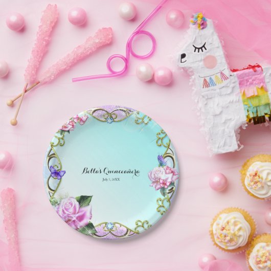 Rozen & Vlinders Sparkle Verjaardagsfeest Papieren Bordje (Feest)