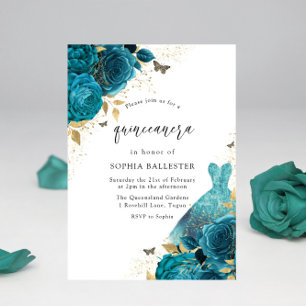 Rozen voor blauwgroen en goudsparkle Quinceanera Kaart