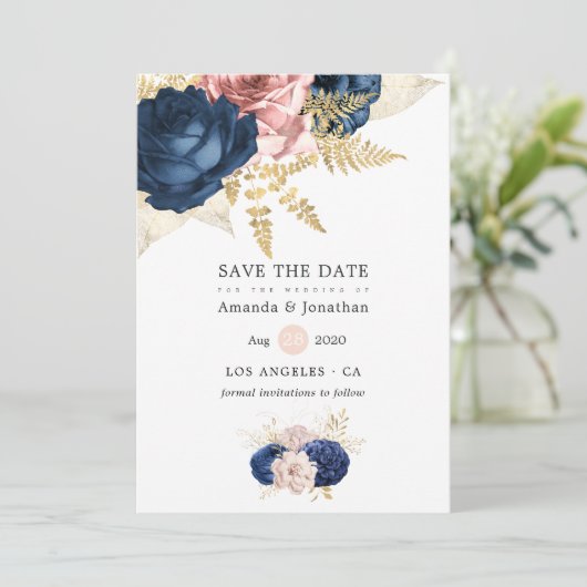  Rozen voor de marine en Blush Wedding Save The Date (Staand voorkant)