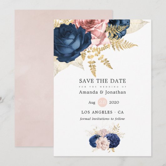  Rozen voor de marine en Blush Wedding Save The Date (Voorkant / Achterkant)