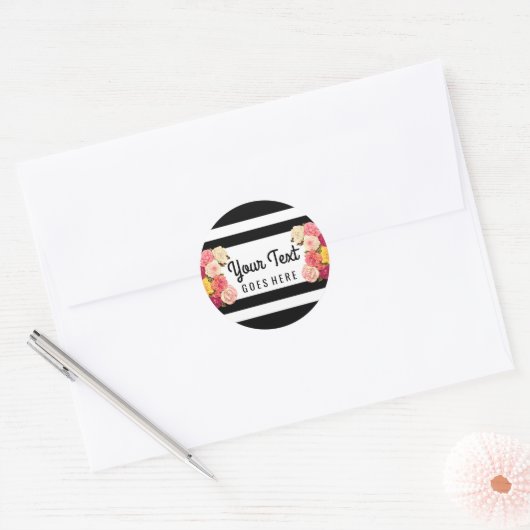 Rozen voor moderne zwarte en witte stripes ronde sticker (Envelop)