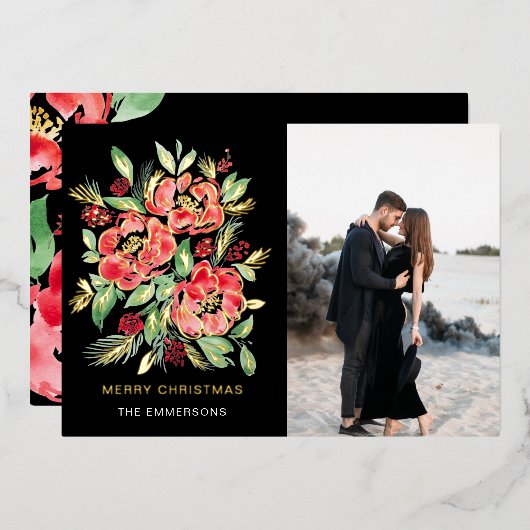 Rozen voor prettige kerstrode waterverf folie feestdagenkaart (Voorkant / Achterkant)