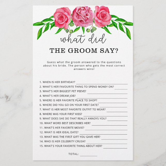 Rozen Wat zei de bruidegom bruidsspel (Voorkant)
