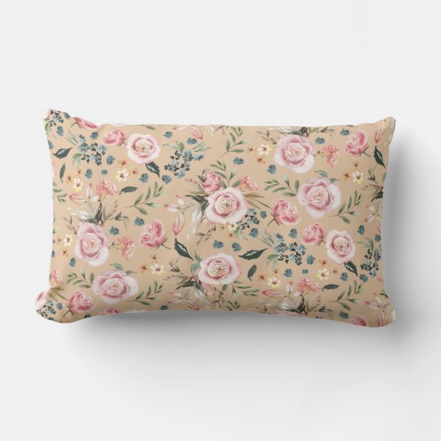 Rozen Waterverf Blush Floral Print Lumbar Pillow Kussen (Voorkant)