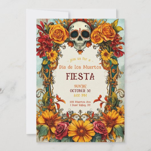 💀Rozen Waterverf Día de Muertos Party Invitation Kaart (Voorkant)