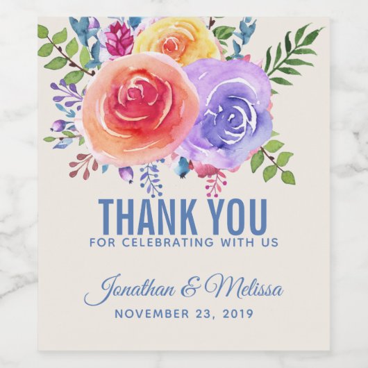 Rozen Waterverf Floral Weddenschap Hartelijk dank Wijn Etiket (Enkel label)