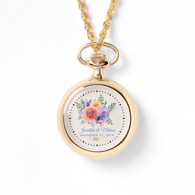 Rozen Waterverf Floral Wedding Horloge (Voorkant)