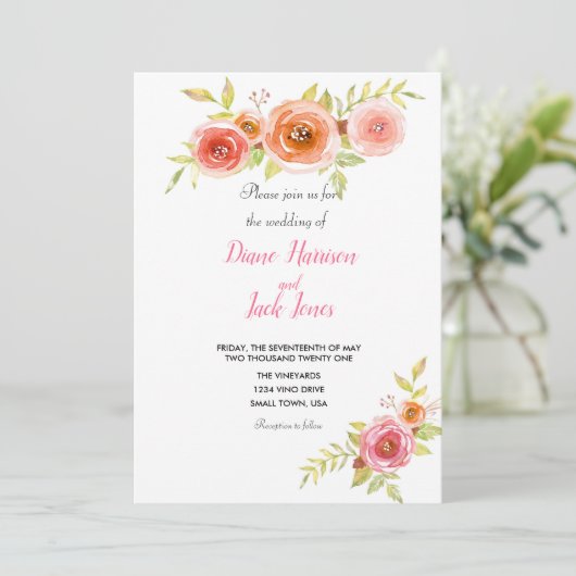 Rozen Waterverf Floral Wedding Kaart (Staand voorkant)