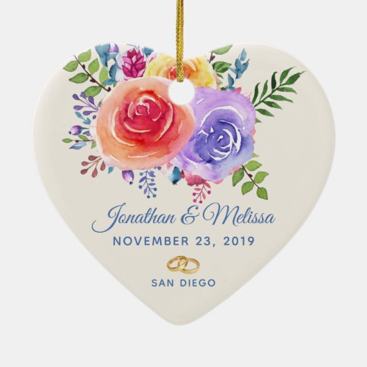 Rozen Waterverf Floral Wedding Keramisch Ornament (Achterkant)