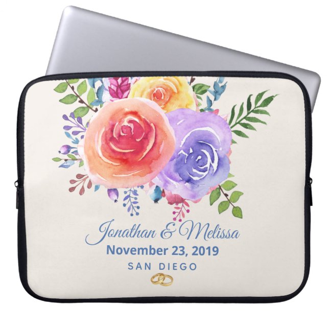 Rozen Waterverf Floral Wedding Laptop Sleeve (Voorkant)