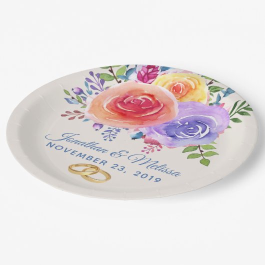 Rozen Waterverf Floral Wedding Papieren Bordje (Gekanteld)