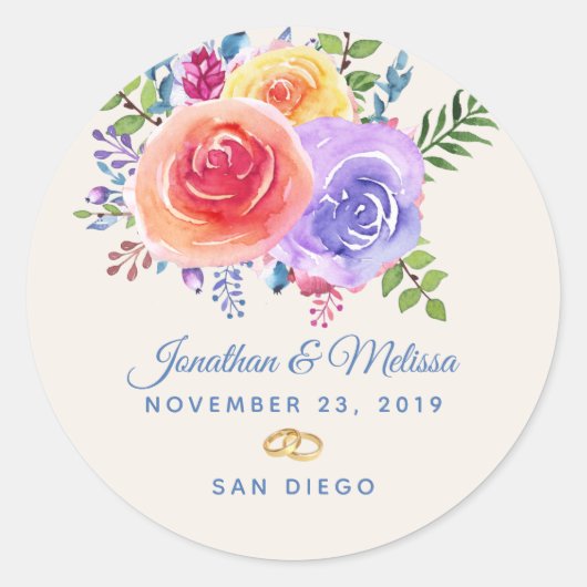 Rozen Waterverf Floral Wedding Ronde Sticker (Voorkant)