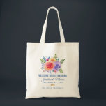 Rozen Waterverf Floral Wedding Tote Bag<br><div class="desc">Een trouwende canvas tas met een fantastische florale bouquet met waterverf rozen. Stijlvol, grillig en creatief. Een bundel rozen in roze, paars en geel. Met veel sprigs en bladeren in groen, roze, paars en blauw. De achtergrond is een van-witte champagnekleur. 2 gouden trouwringen onder de tekst.</div>