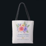 Rozen Waterverf Floral Wedding Tote Bag<br><div class="desc">Canvas tas met een fantastische florale bouquet met waterverf rozen. Stijlvol,  grillig en creatief. Een bundel rozen in roze,  paars en geel. Met veel sprigs en bladeren in groen,  roze,  paars en blauw. De achtergrond is een van-witte champagnekleur. 2 gouden trouwringen onder de tekst. Pas je trouwgegevens aan.</div>