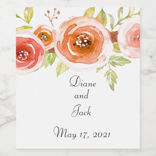 Rozen Waterverf Floral Wedding Wijn Etiket (Enkel label)