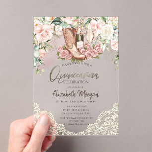 Rozen Wijnlaarzen Kant Quinceanera Acryl Uitnodigingen