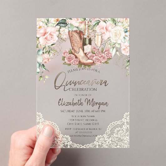 Rozen Wijnlaarzen Kant Quinceanera Acryl Uitnodigingen (Insitu (Draagbaar))