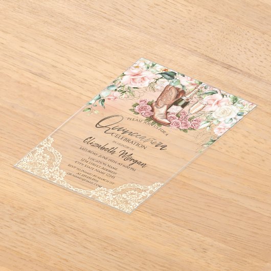 Rozen Wijnlaarzen Kant Quinceanera Acryl Uitnodigingen (Laagn)