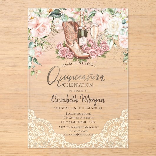 Rozen Wijnlaarzen Kant Quinceanera Acryl Uitnodigingen (Voorkant)