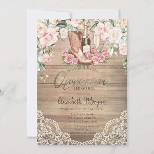 Rozen Wijnlaarzen Kant Quinceanera Kaart (Voorkant)