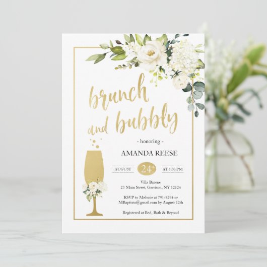 Rozen Wit & Goud Brunch & Bubbly Uitnodigen Kaart (Staand voorkant)