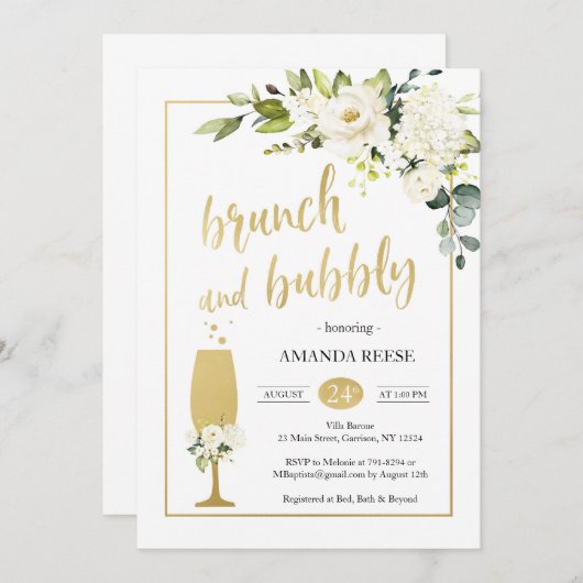 Rozen Wit & Goud Brunch & Bubbly Uitnodigen Kaart (Voorkant / Achterkant)
