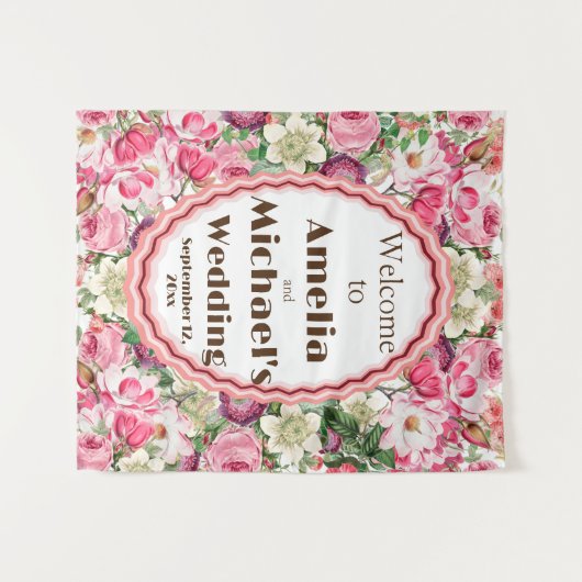 Rozen Witte Bloemen Bruiloft Achtergrond Wandkleed (Voorkant (horizontaal))