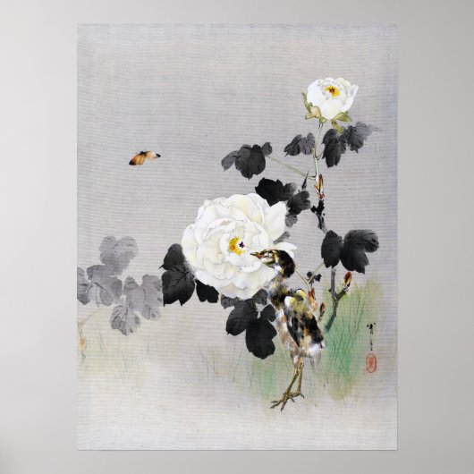 Rozen, Young Bird en a Butterfly, Watanabe Seitei Poster (Voorkant)