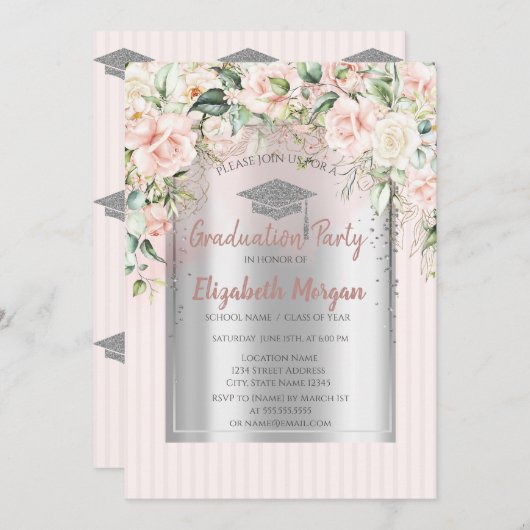 Rozen Zilver Afstudeerder Pet Gestreept Afstuderen Kaart (Voorkant / Achterkant)