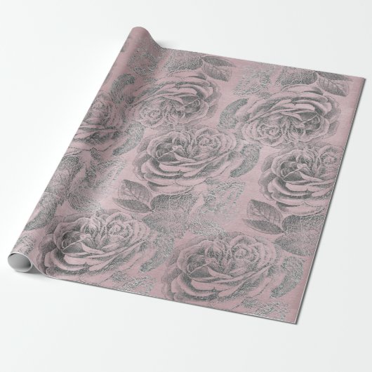 Rozen Zilvergrijs Floral Roze Roze astel Cadeaupapier (Uitgerold)