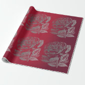 Rozen Zilvergrijs Metallic Bloemen Rode Wijn Chic Cadeaupapier (Uitgerold)