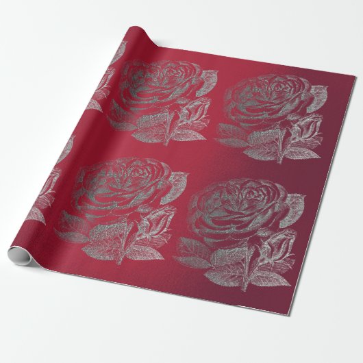Rozen Zilvergrijs Metallic Bloemen Rode Wijn Chic Cadeaupapier (Uitgerold)