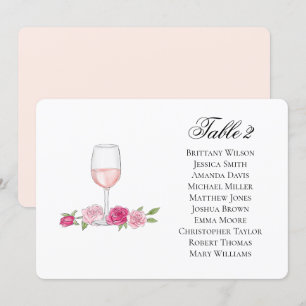 Rozen zitplaatskaart. Wijn glas. Bloemachtige trou Kaart