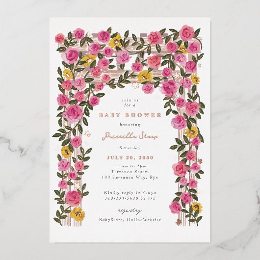 Rozen Zonnebloem Trellis Spring Garden Baby shower Folie Uitnodiging (Voorkant)