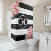 Rozen zwart en wit gestreept monogram douchegordijn (In situ)