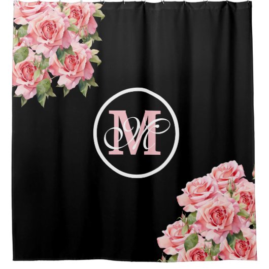 Rozen zwart en wit gestreept monogram douchegordijn (Voorkant)