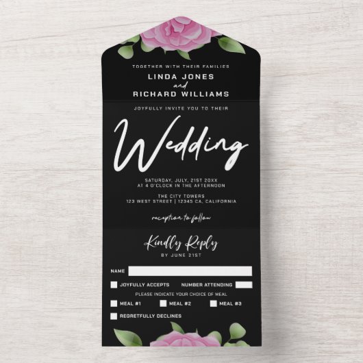 Rozen zwart in één bruiloft all in one uitnodiging (Binnen)
