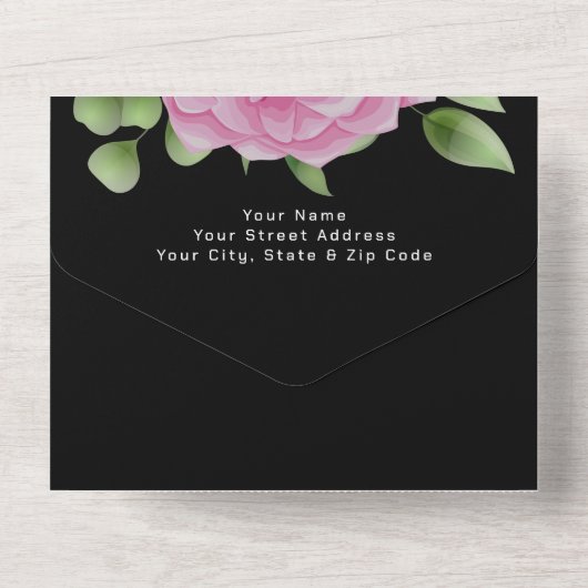 Rozen zwart in één bruiloft all in one uitnodiging (Achterkant)