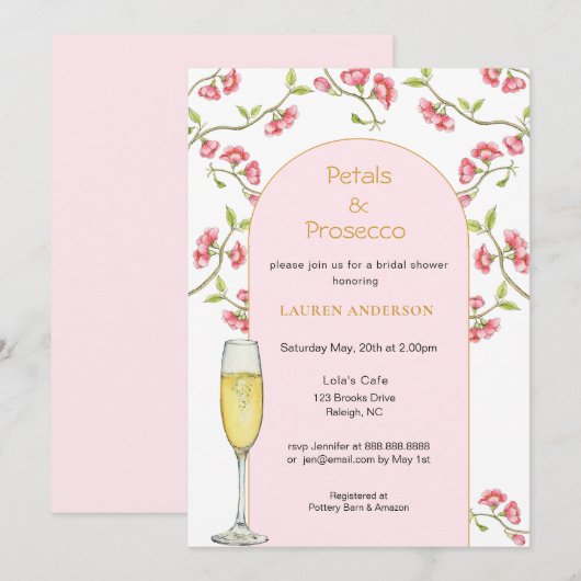 Rozenblaadjes en Prosecco Roze & Goud Bruidsfeest Kaart (Voorkant / Achterkant)