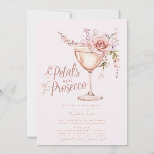 Rozenblaadjes En Prosecco Roze Roos Bruidsdouche Kaart (Voorkant)