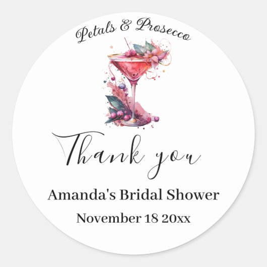 Rozenblaadjes & Prosecco Roze Bloemige Bruiloft Fe Ronde Sticker (Voorkant)
