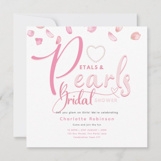 ROZENBLADEN EN PARELS Roze Glam Chic Bruidsfeest Kaart (Voorkant)