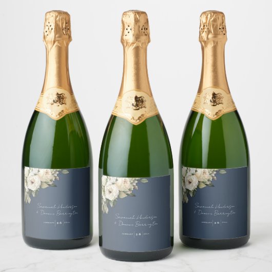  rozenboeket op stoffige blauwe bruiloft sparkling wijnetiket (Flessen)