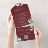 Rozenhout Roze Groenelementen QR Code Monogram Bru All In One Uitnodiging (Afscheurbaar)