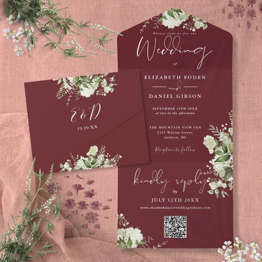 Rozenhout Roze Groenelementen QR Code Monogram Bru All In One Uitnodiging