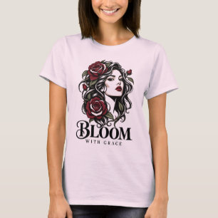 Rozenkoningin Bloemige Vrouw Rode Roos Portret T-shirt