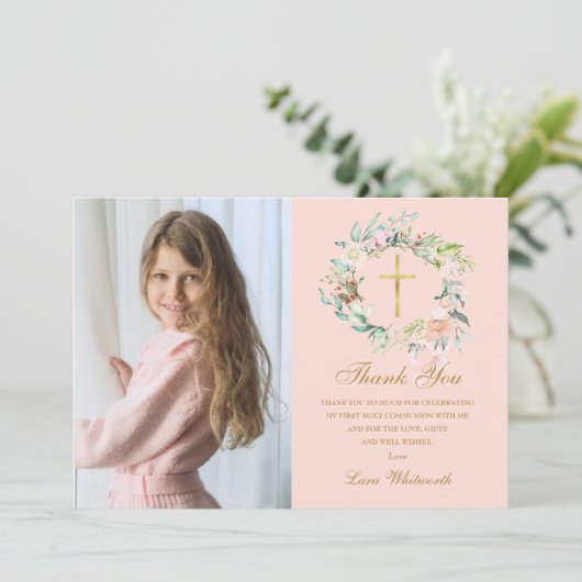 Rozenkrans Bloemen Eerste Heilige Communie Foto  Bedankkaart (Staand voorkant)